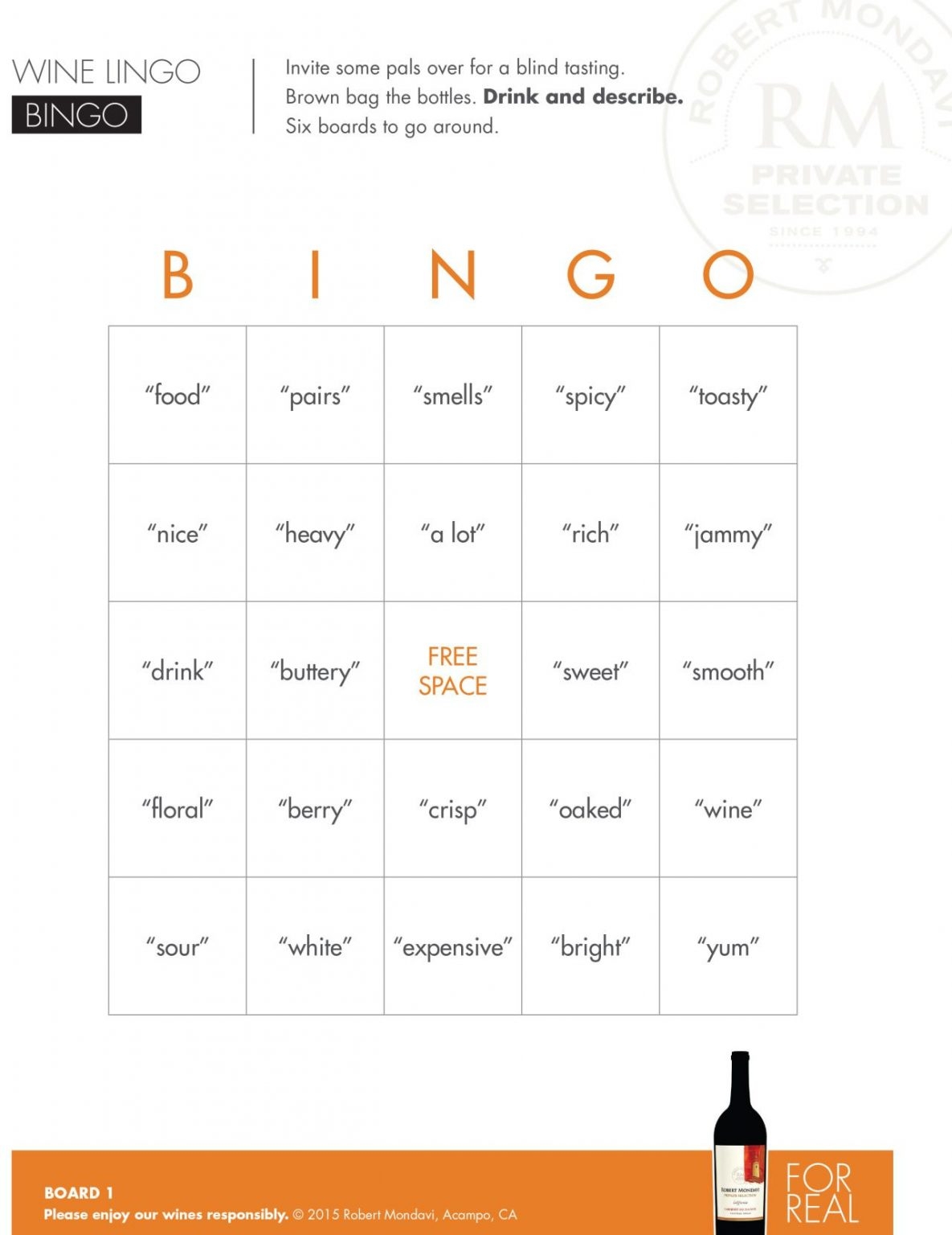 Wine Lingo Bingo Enjoy Robert Mondavi Private Selection 39 s Printable 