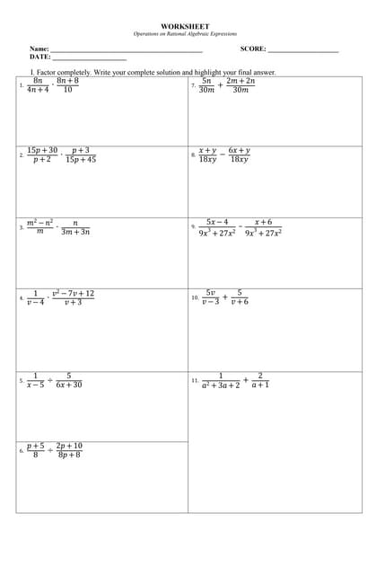 adding and subtracting rational expressions worksheet