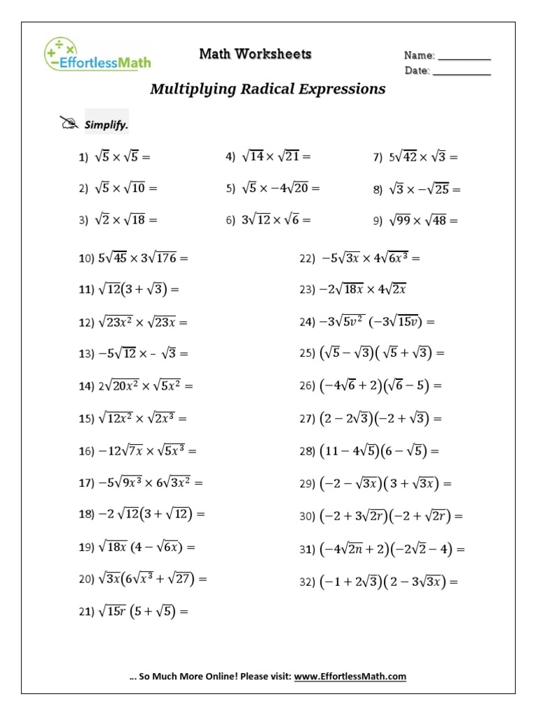 Worksheet Radicals Simplify Radicals By Multiplication 