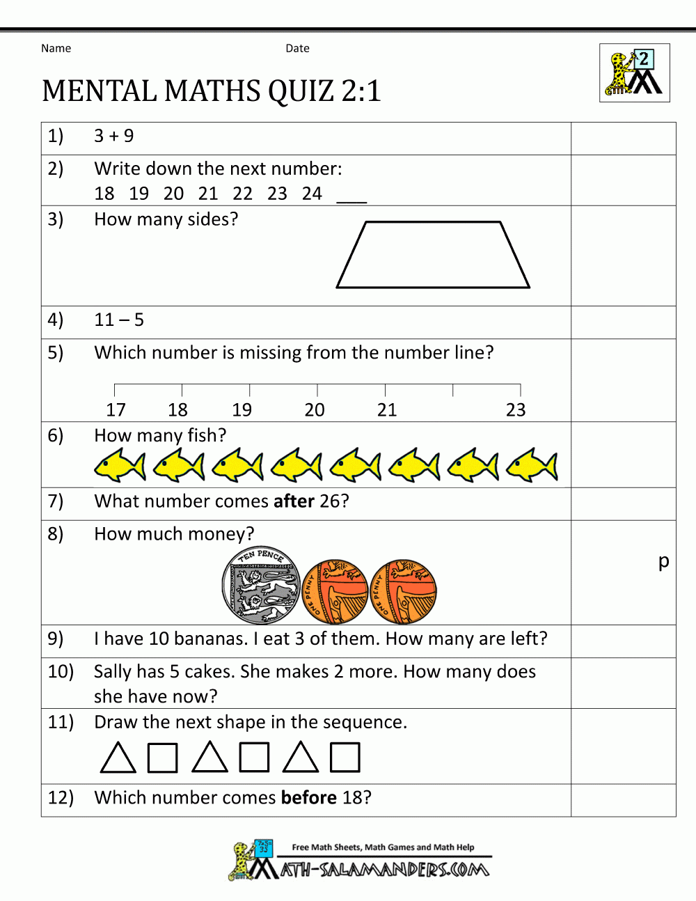 printable maths worksheet year 2