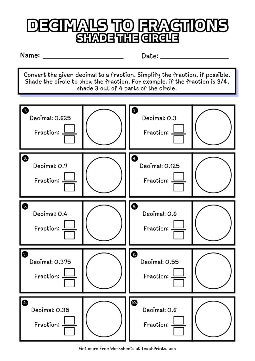 fraction decimal worksheet