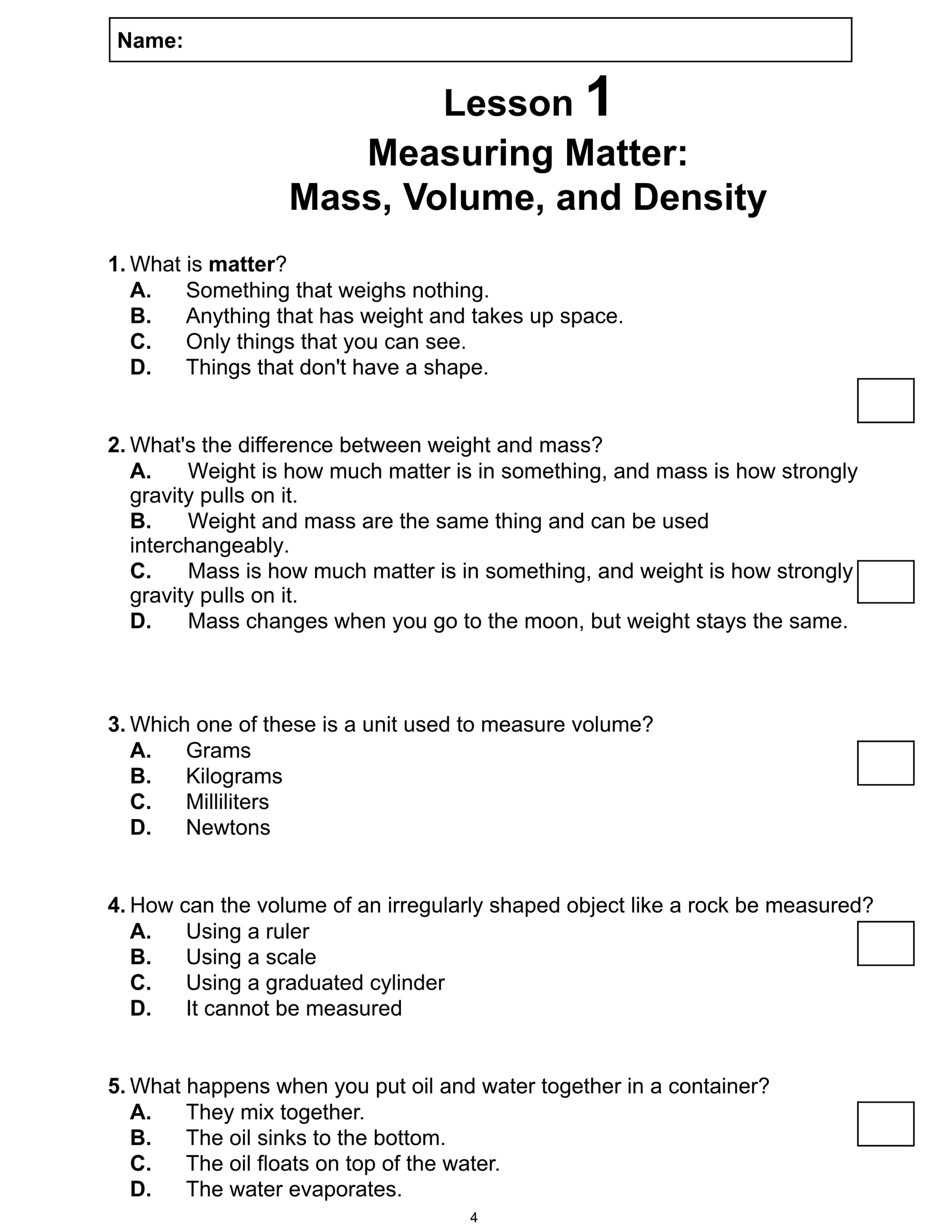 Science Reading Passage 1 Measuring Matter Mass Volume And Density PDF Worksheets Library