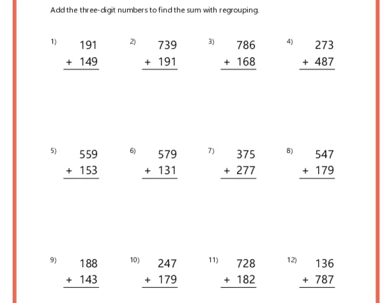 Triple Digit Addition With Regrouping K12 Math Worksheets